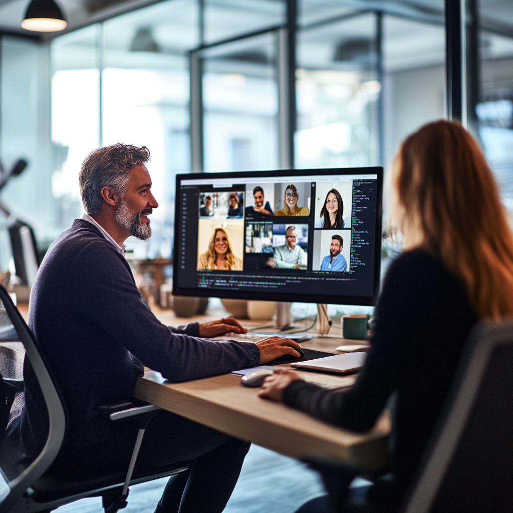 Two people in virtual meeting, supporting each other