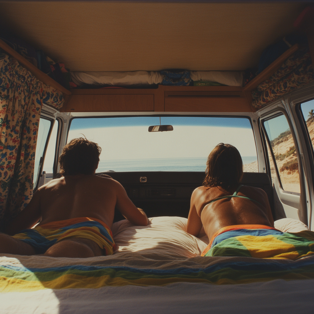 Two people laying in bed inside camper van