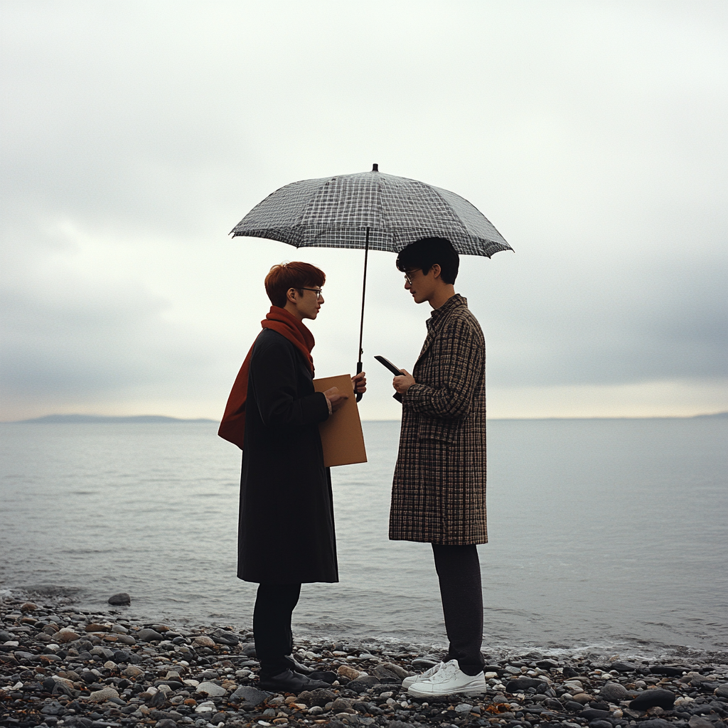 Two people standing on beach under rainy sky.