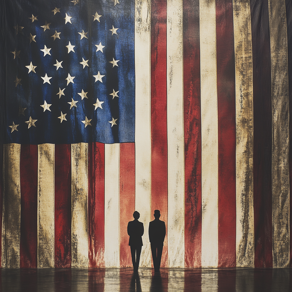 Two people standing under large American flag curtain