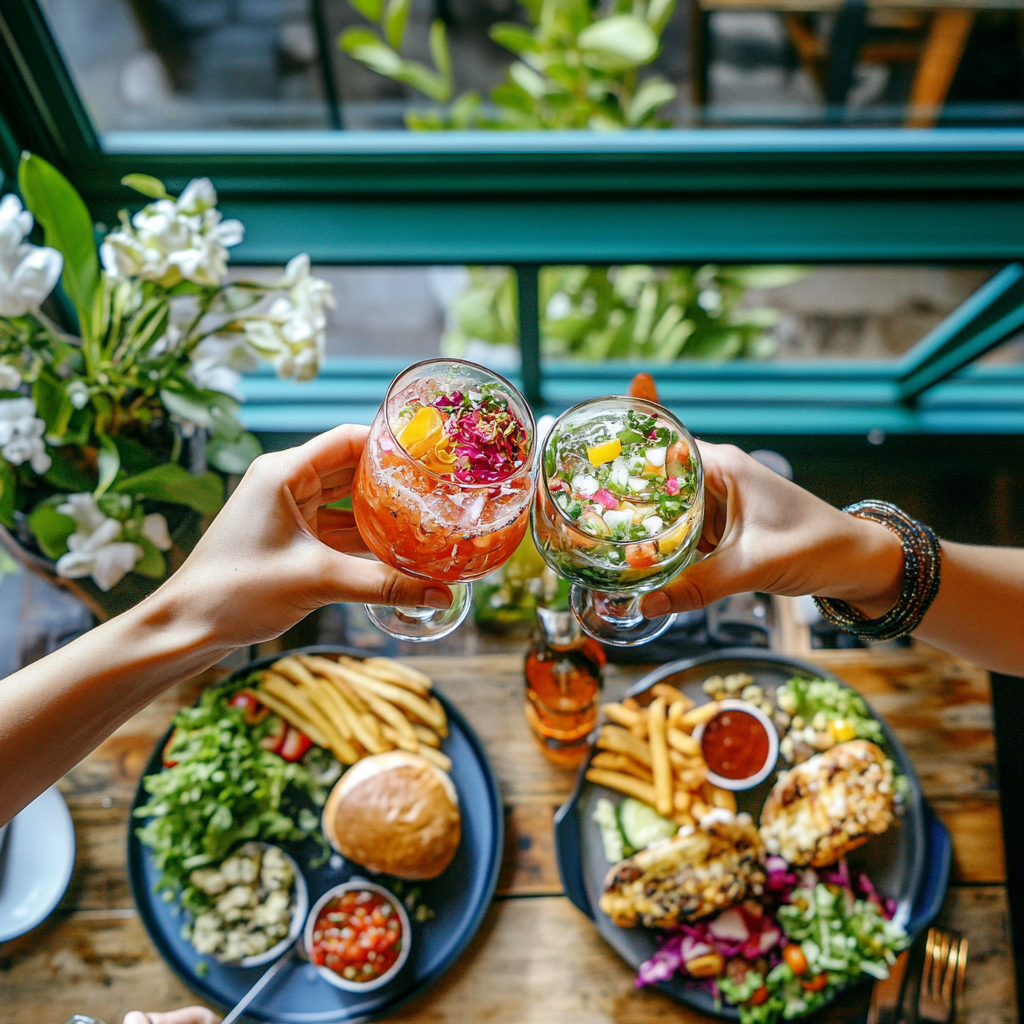 Two people toasting with drinks in a dining room.