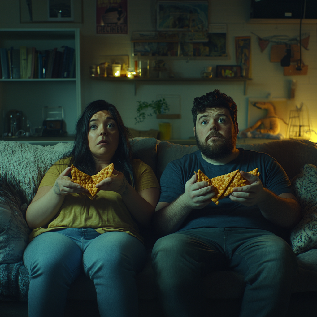 Two people with multiple arms eating crisps on sofa