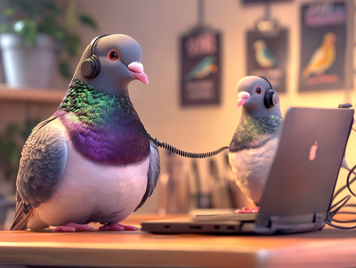 Two pigeons have office conversation by phone.