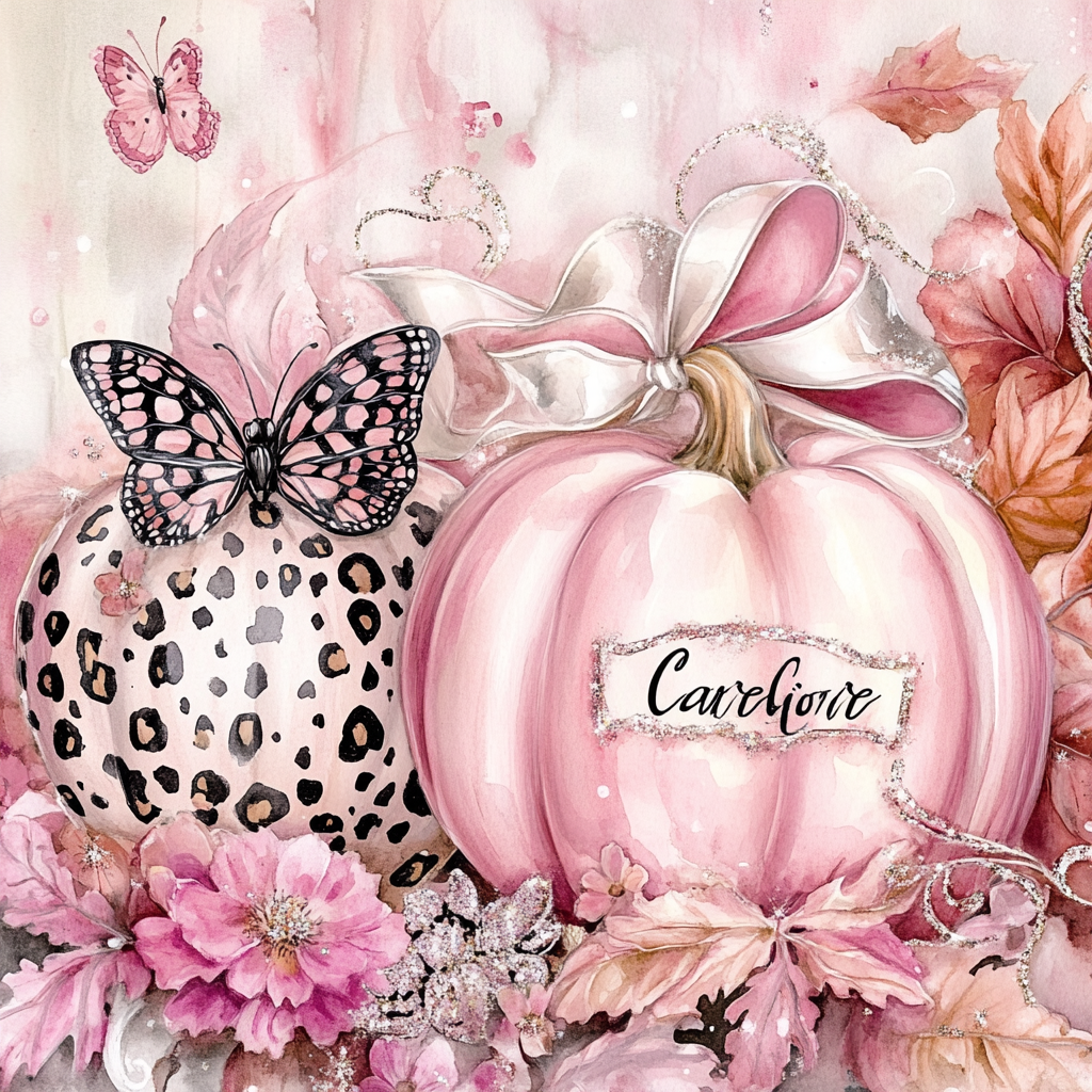 Two pink sparkly pumpkins with ribbons and butterflies.