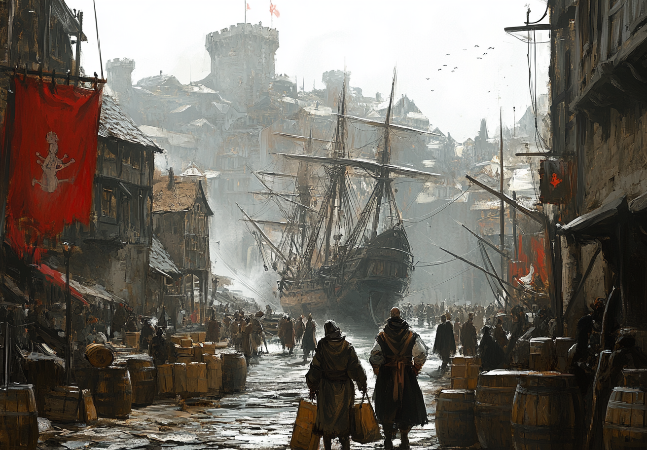 Two pirates walking past dock workers in medieval Spain.