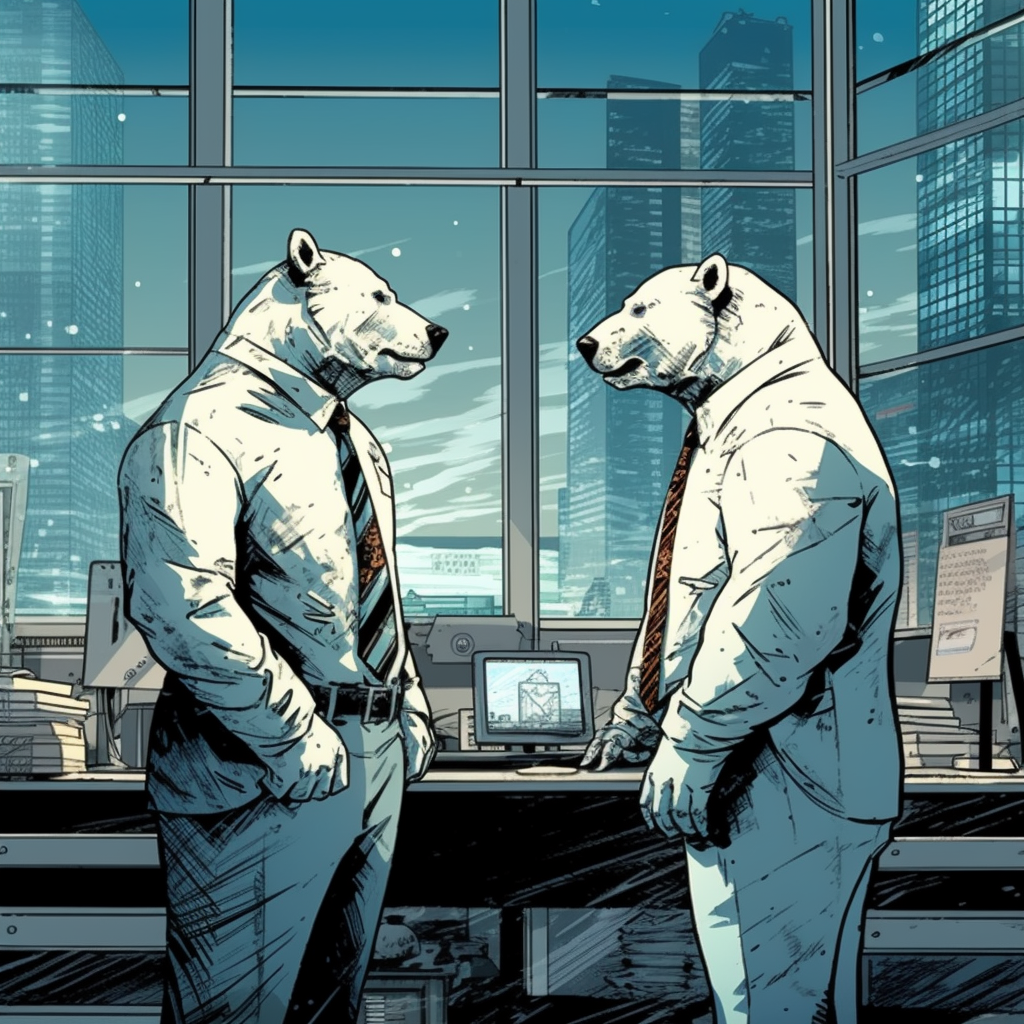 Two polar bears in suits point dramatically