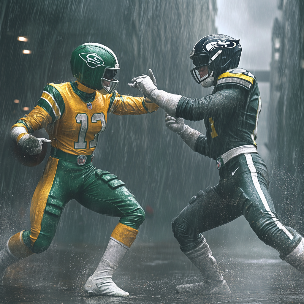 Two power rangers battle in rainstorm, themed suits.