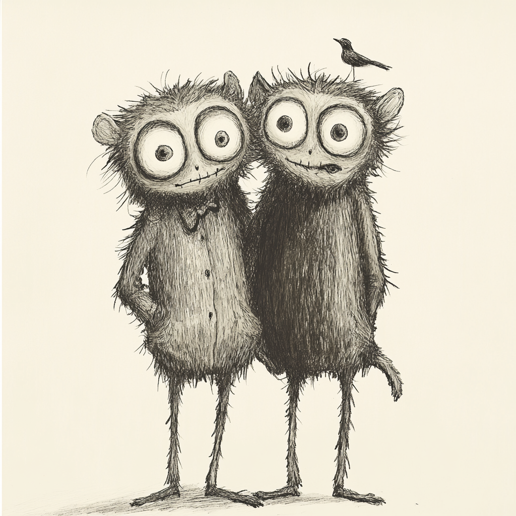 Two quirky puppet characters with exaggerated features