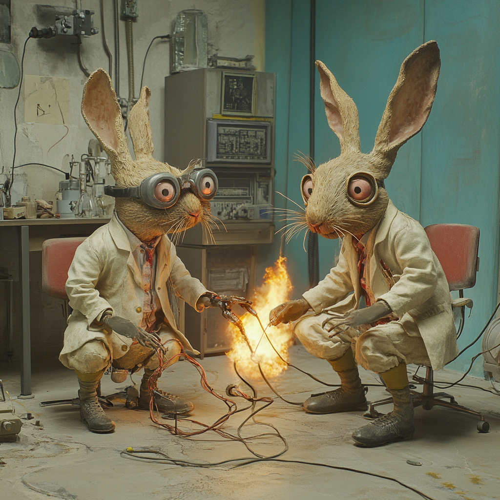 Two rabbits fixing wire near scared boy in lab.