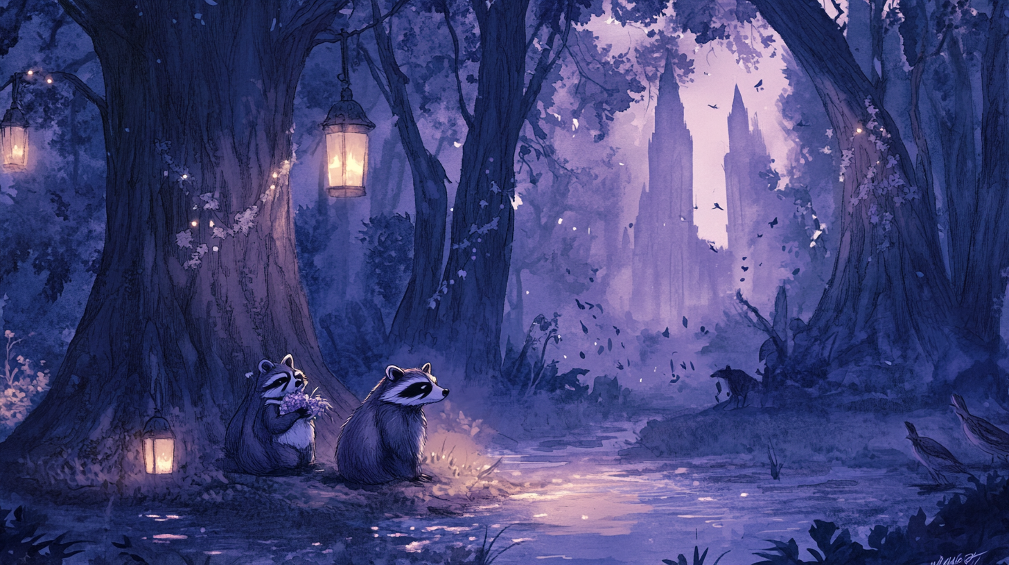 Two raccoons getting married in a cypress swamp.