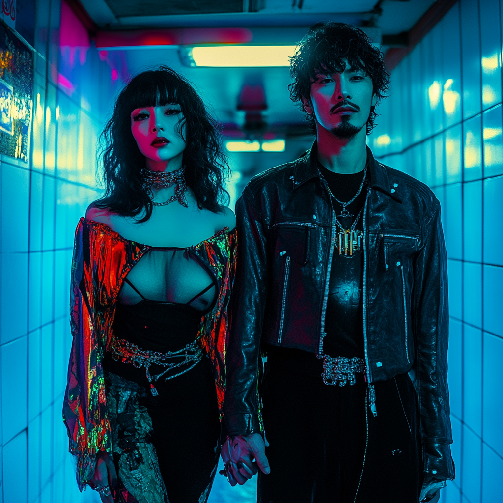 Two rock stars holding hands under neon lights