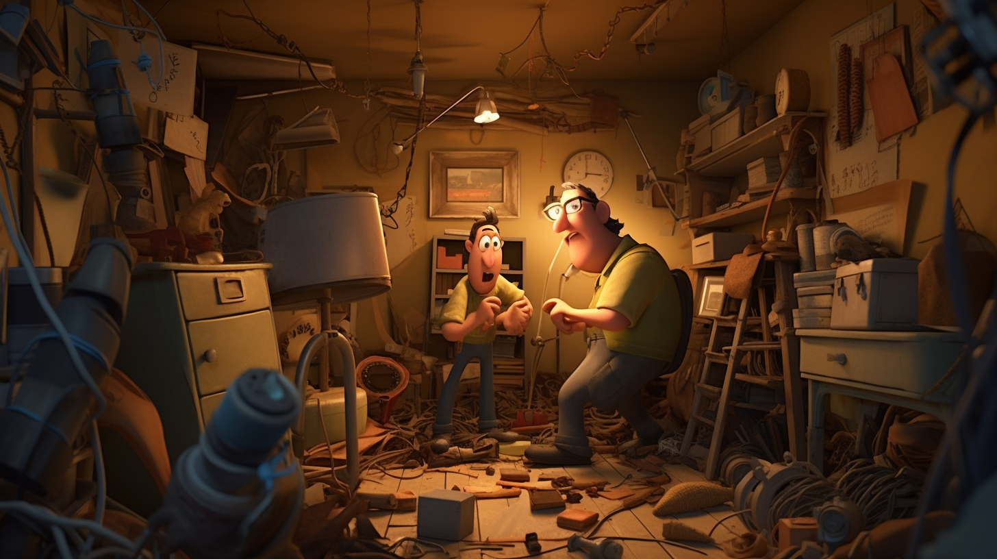 Two silly repairmen in a busy basement.