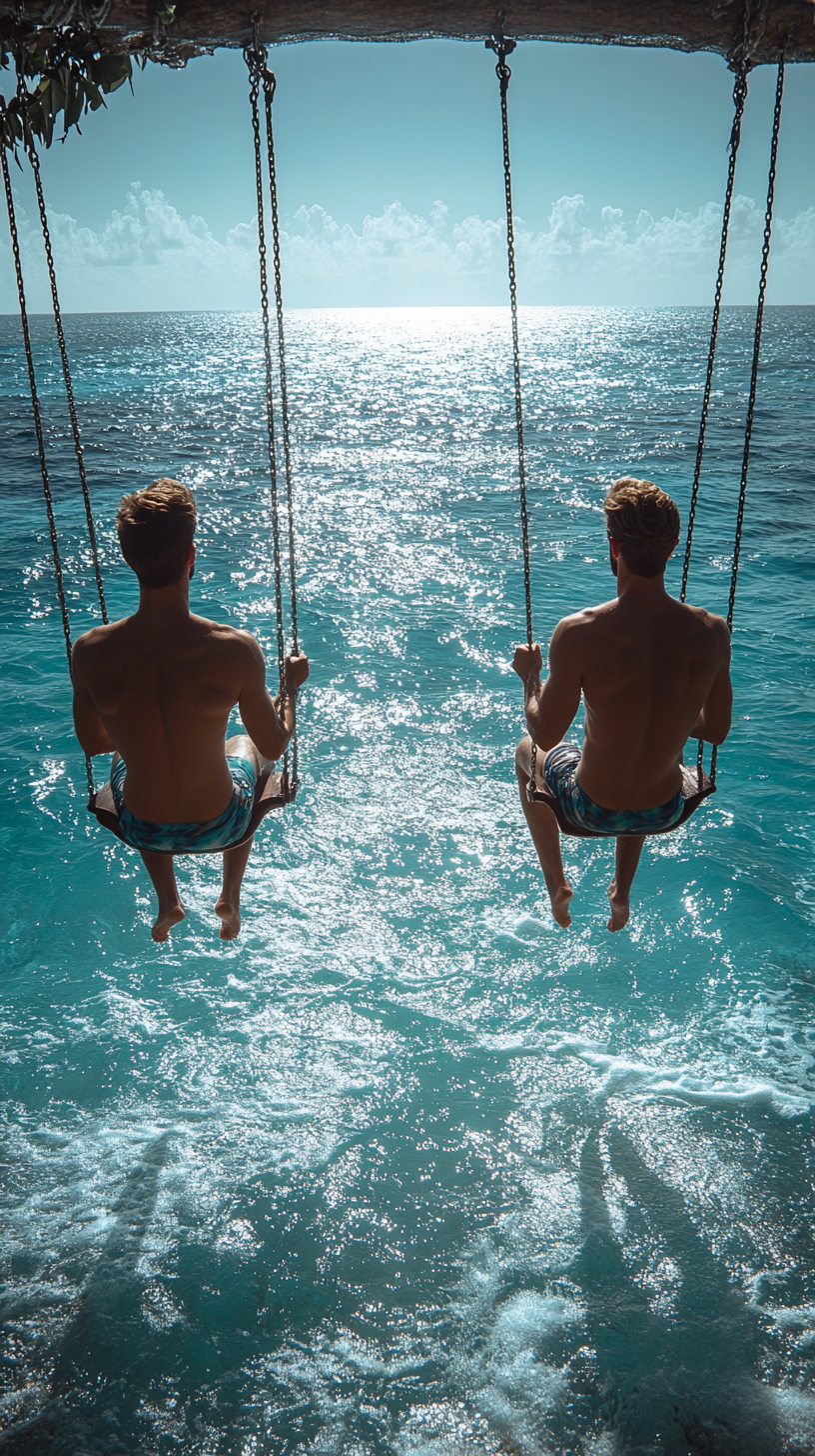 Two slim friends enjoy swing on sunny sea.