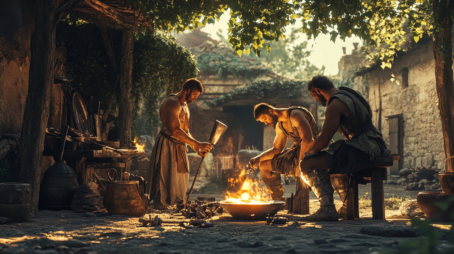 Two soldiers watch blacksmith repair armor by glowing forge