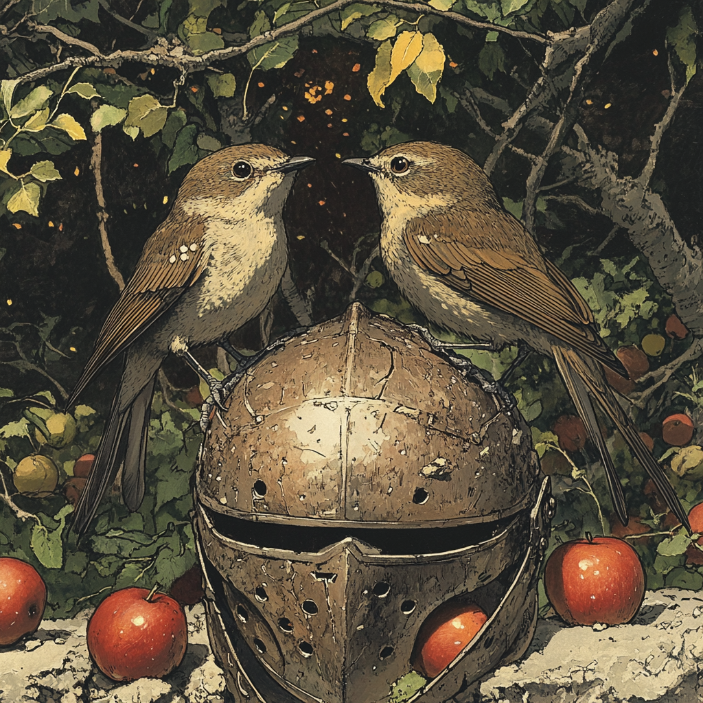 Two songbirds perched on knight's helmet under apple tree