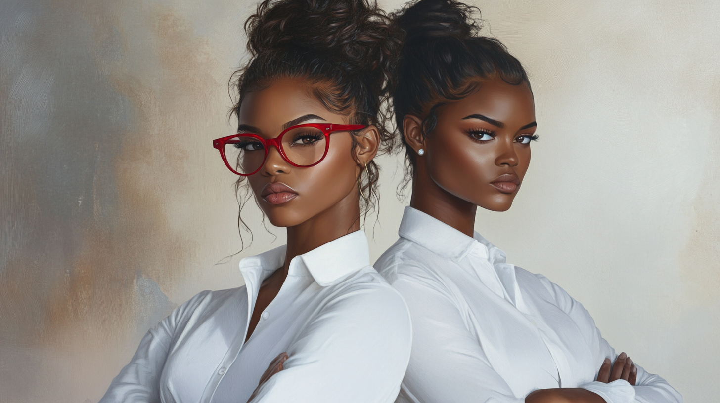 Two stylish African American women wearing white shirts.