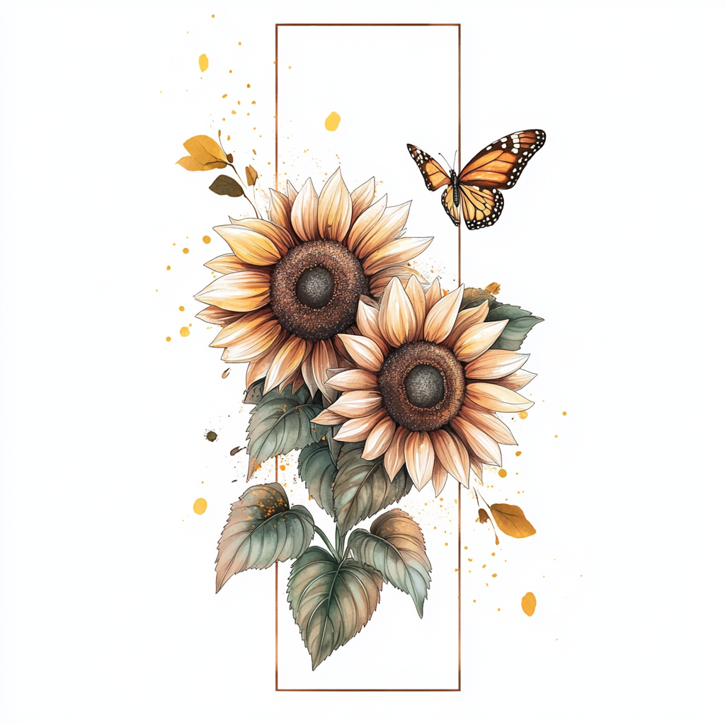 Two sunflowers and a butterfly tattoo design.