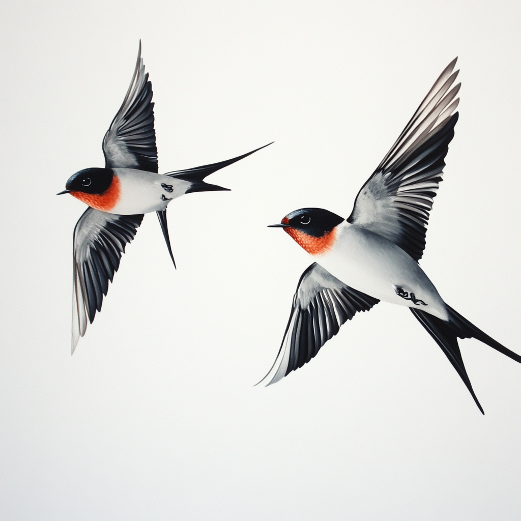 Two swallow birds flying, interacting in dramatic fight.