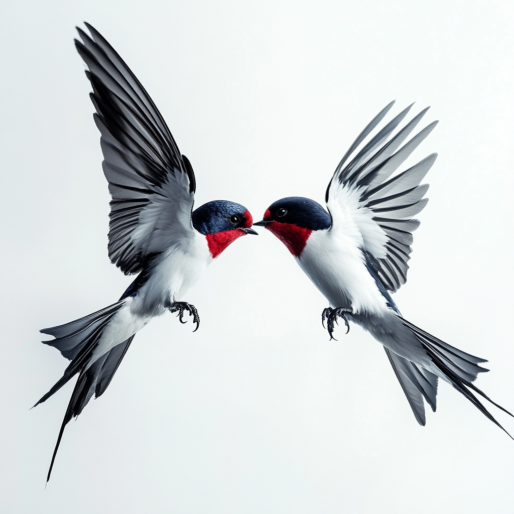 Two swallow birds flying, representing light and darkness.