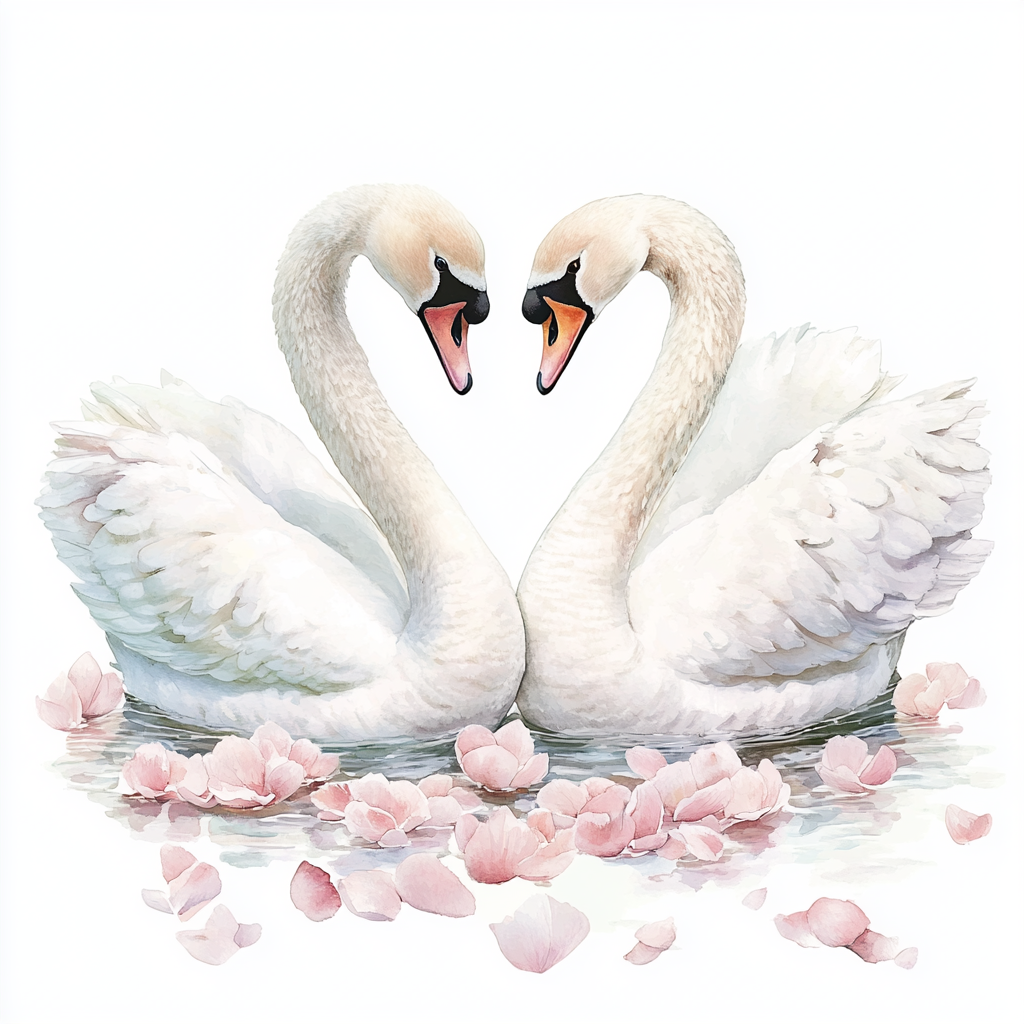 Two swans forming heart surrounded by pink petals