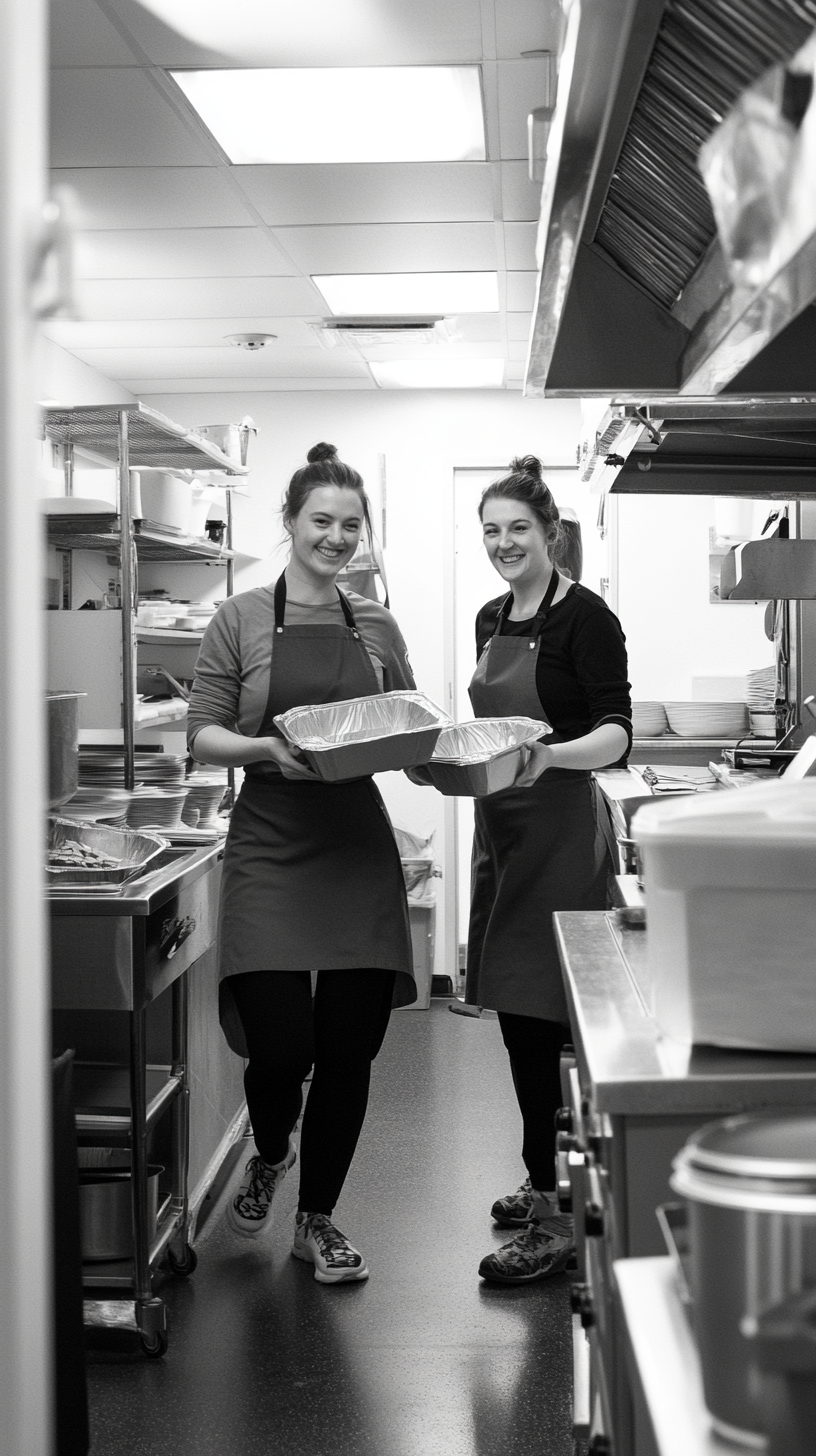 Two teachers happily leaving kitchen with takeout food.