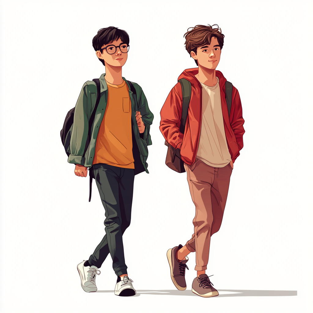 Two teenage boys, Asian and European, walking together happily.