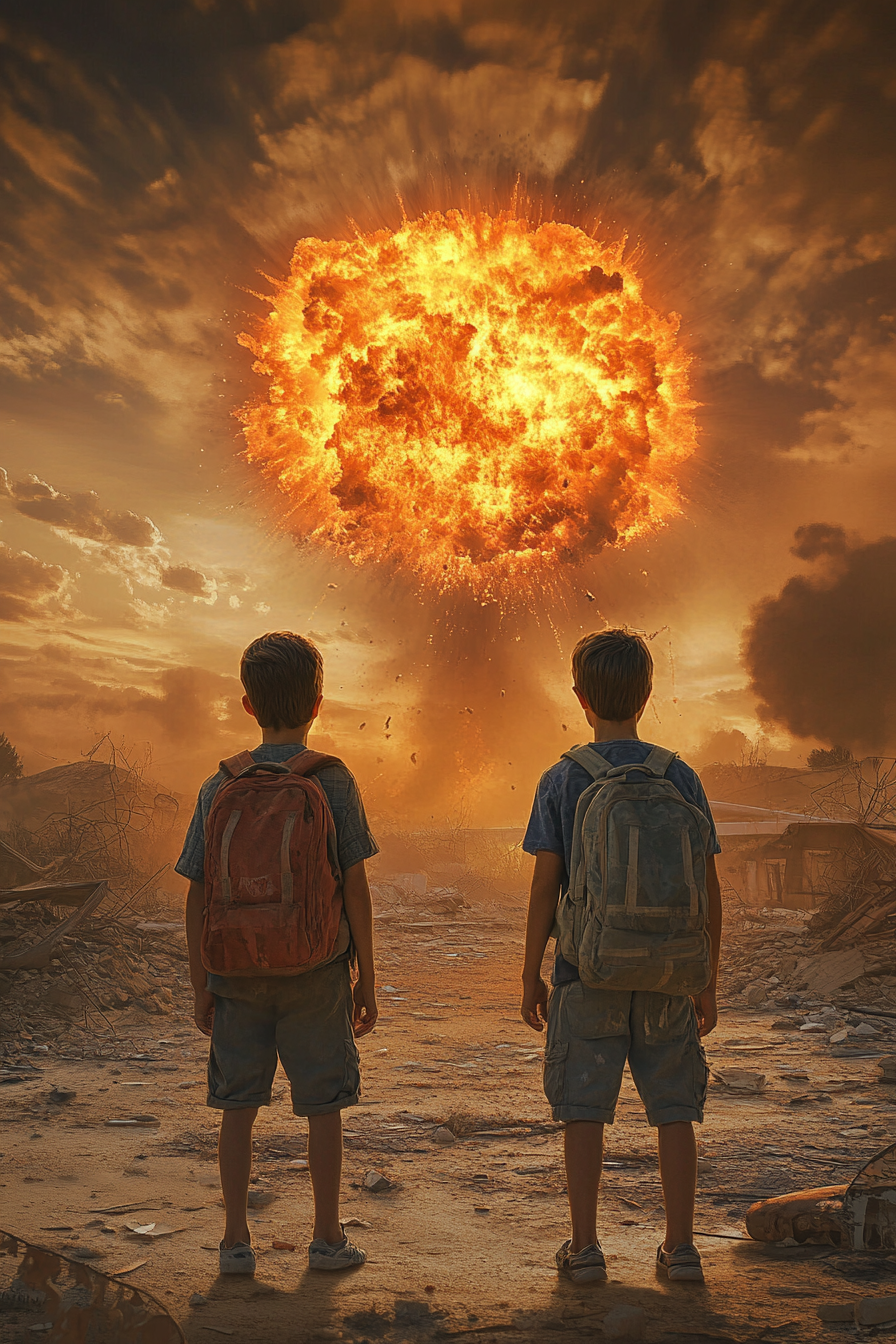 Two teenage boys with backpack in post-apocalyptic scene