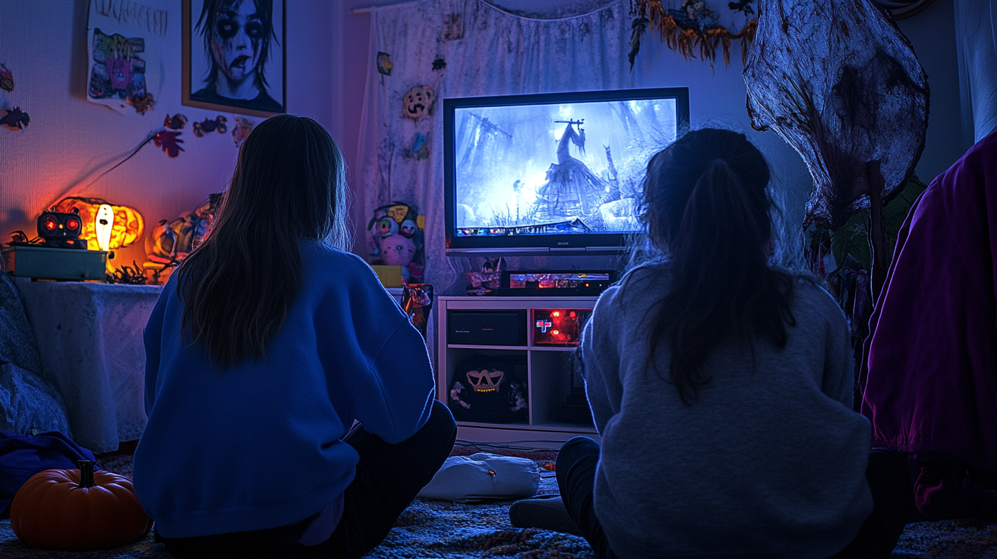 Two teenagers playing horror video games in bedroom.