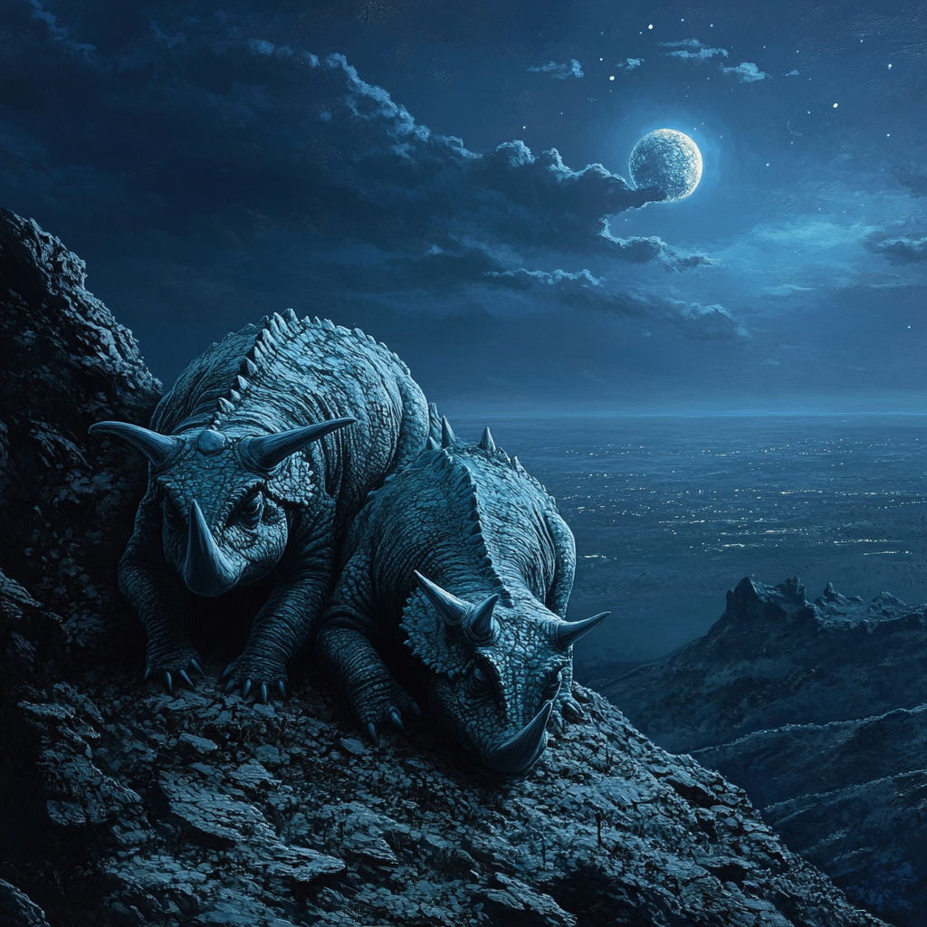 Two triceratops crying on mountain at night.