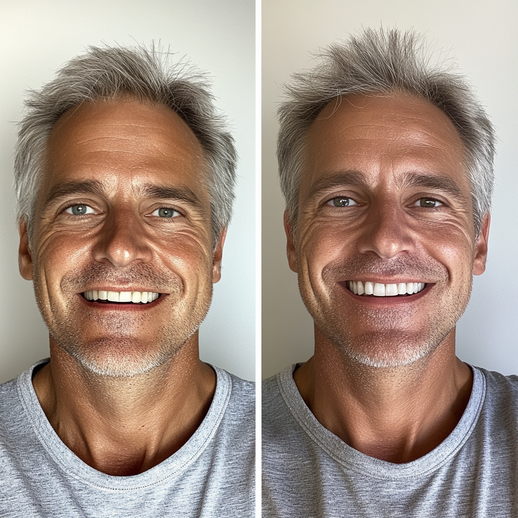 Two versions of 50-year-old man, tired and healthy.