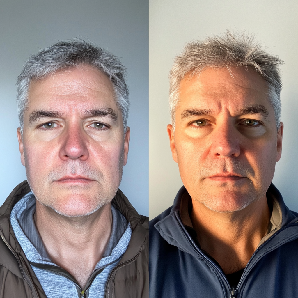 Two versions of 50-year-old man: tired vs healthy.