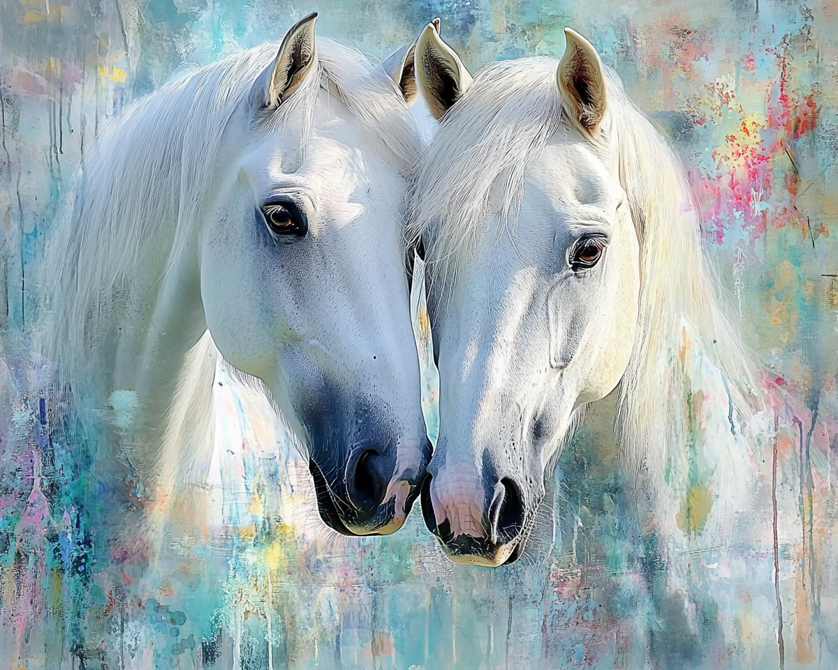 Two white horses dancing in watercolor dream