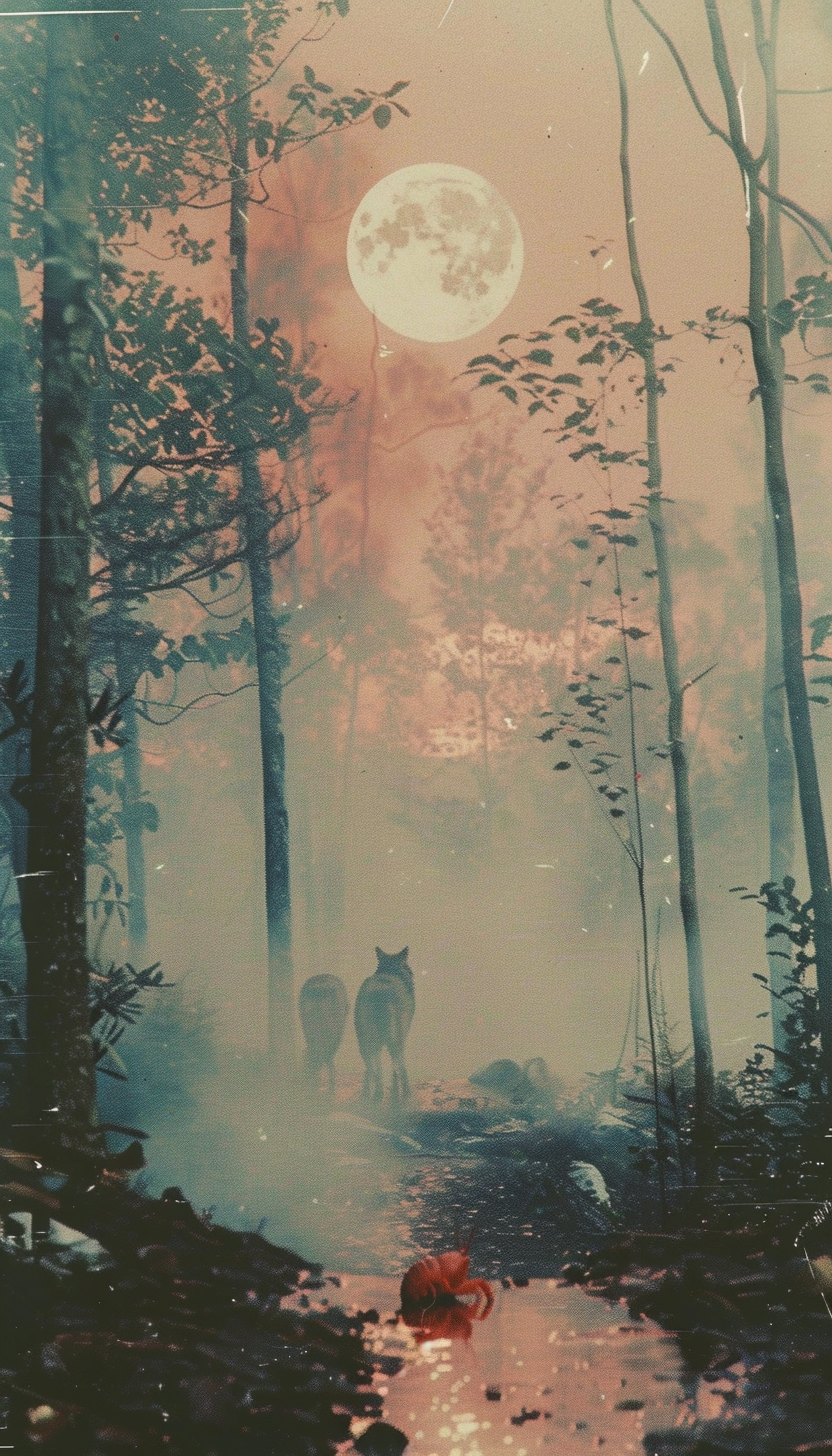 Two wolves howling at moon next to mystical path.