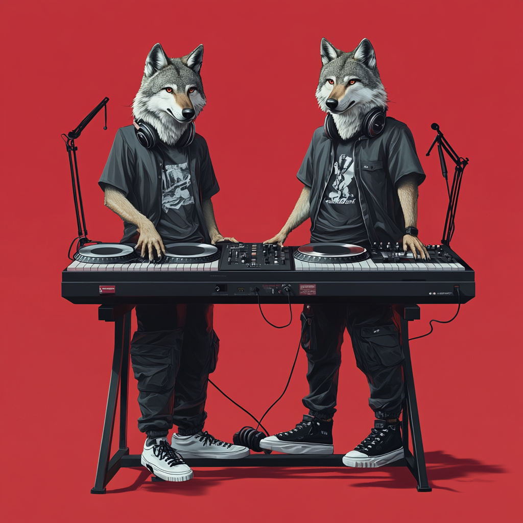 Two wolves in cool outfits on giant turntable