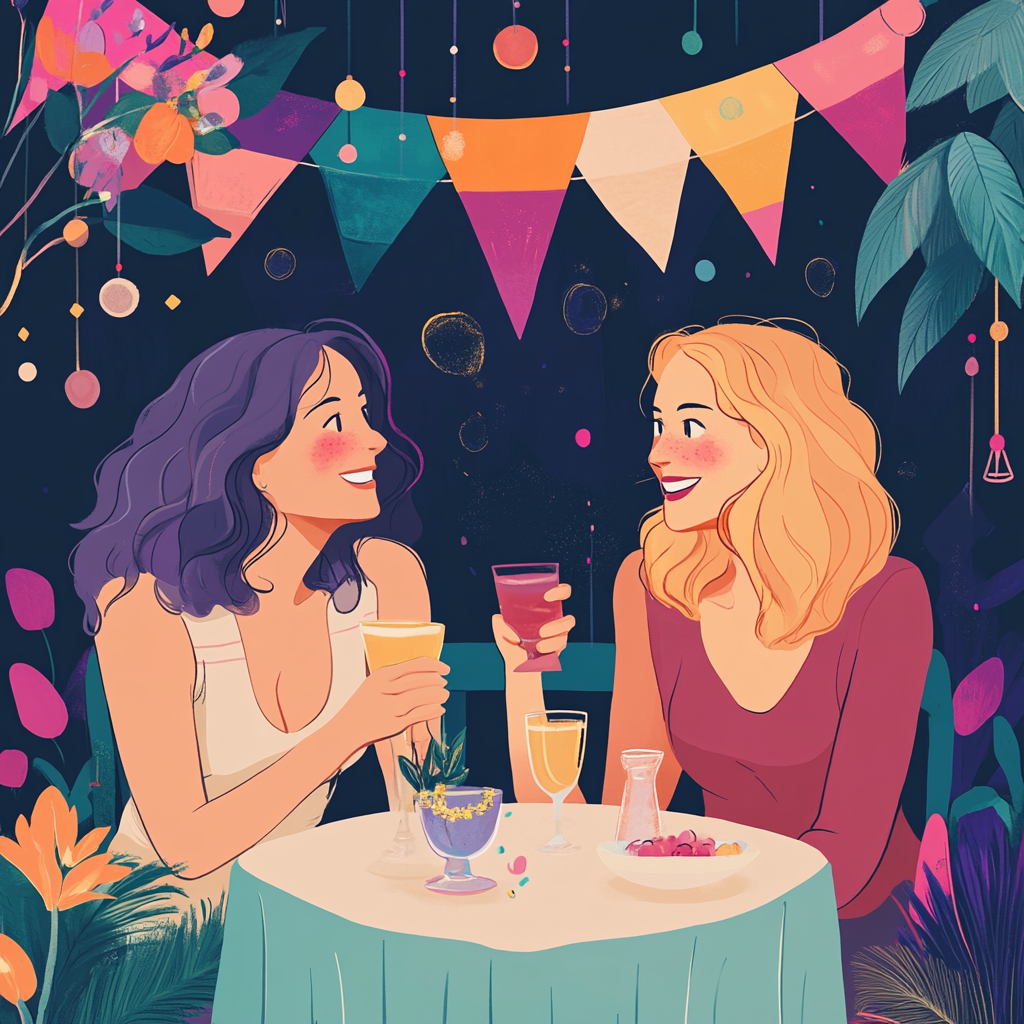 Two women enjoying evening soirée, connecting in welcoming environment.