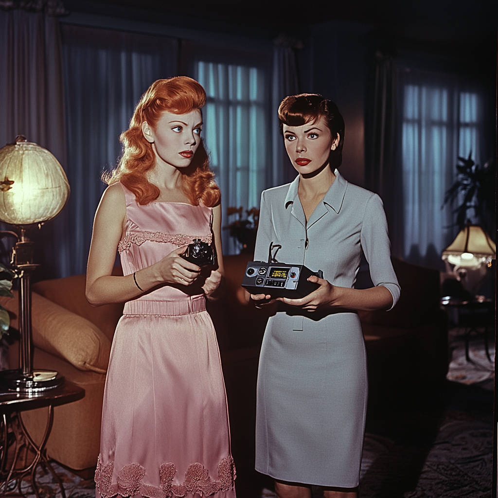 Two women in vintage living room at night.