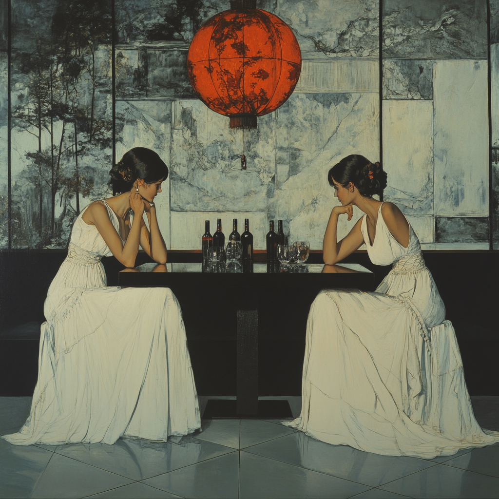 Two women in white dresses at black table.