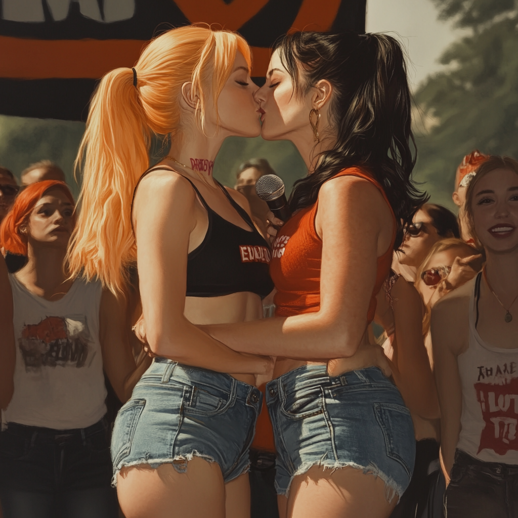 Two women kiss at rally with colorful speaker.