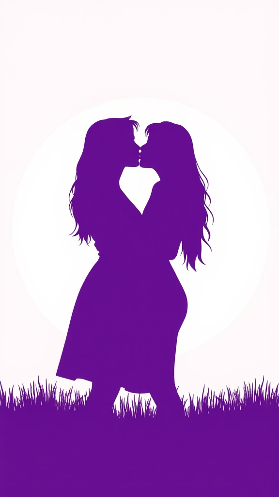 Two women kiss in purple and white art.