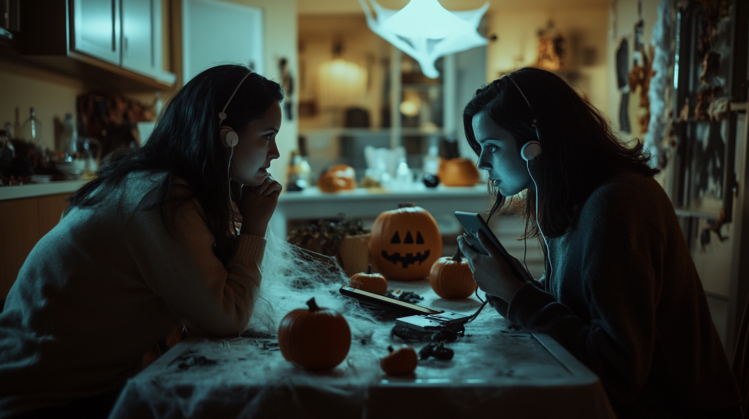 Two women listen to spooky podcast in Halloween room.