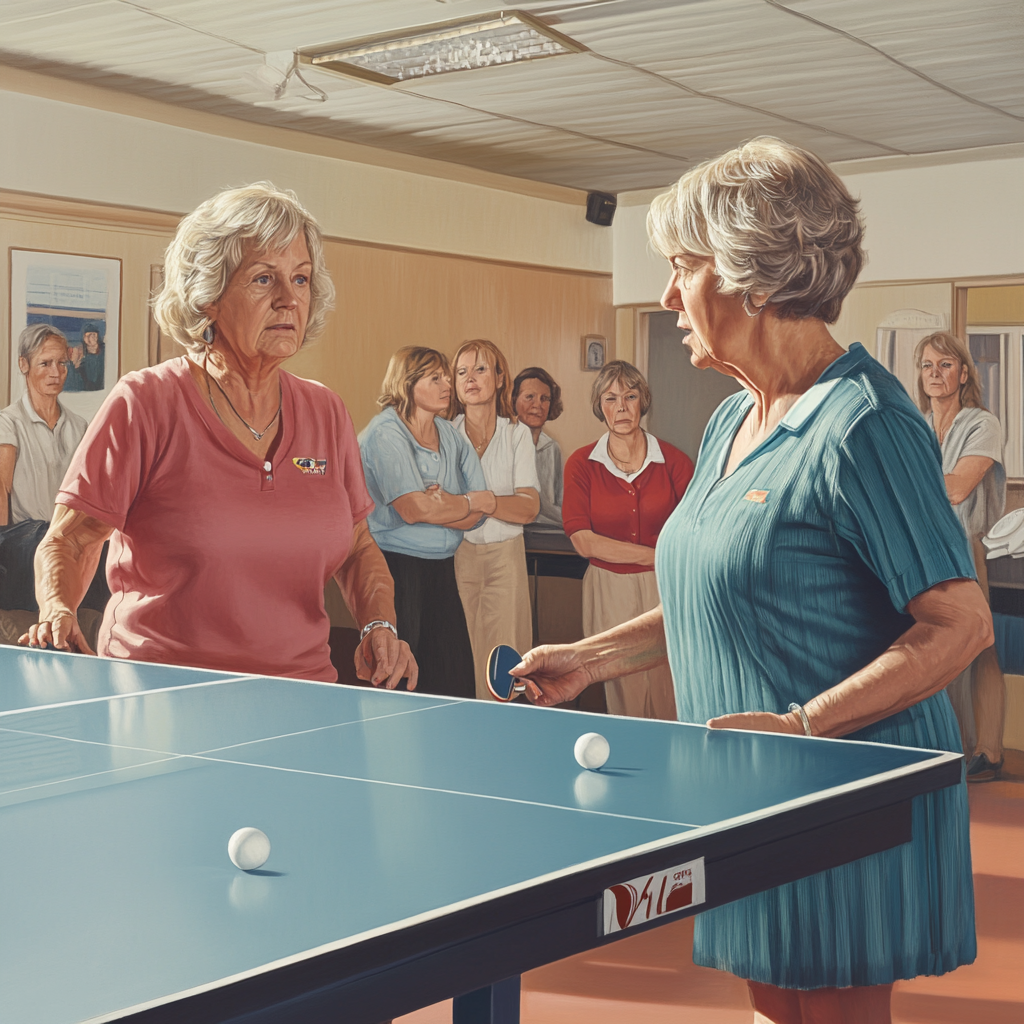 Two women playing ping pong while others watch closely.