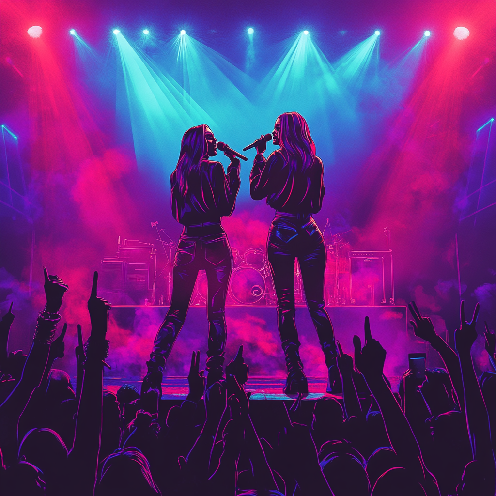 Two women sing on stage at concert