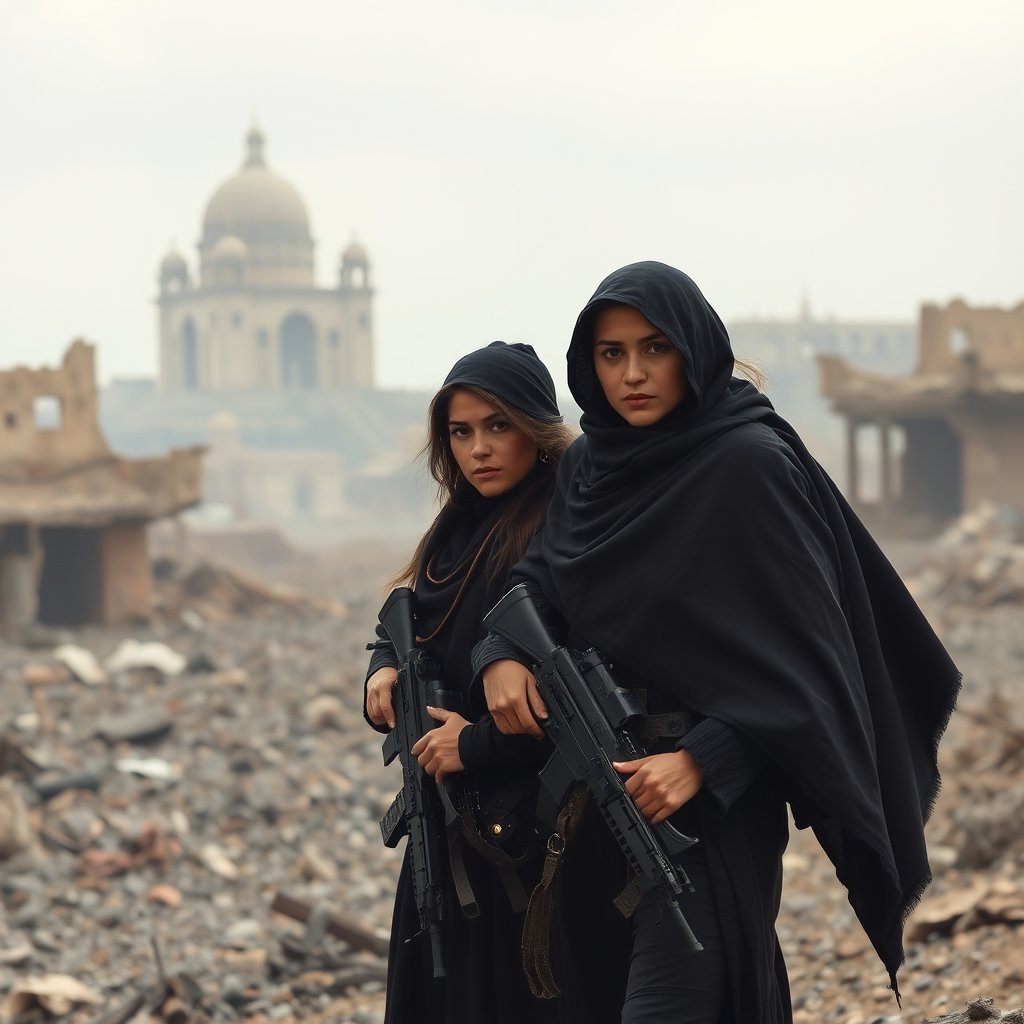 Two women soldiers in the ravaged city