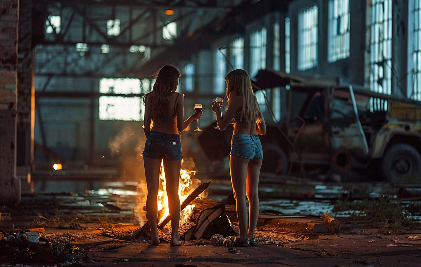 Two women stand by bonfire in factory, drinking wine.