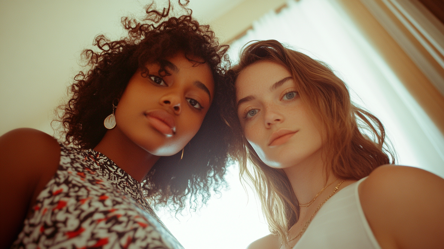 Two women standing in bedroom - A portrait.