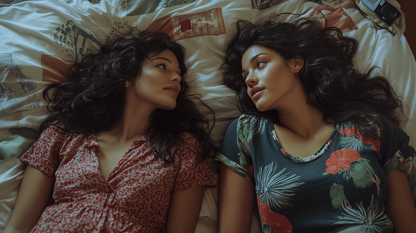 Two women talking in bed surrounded by British cities.