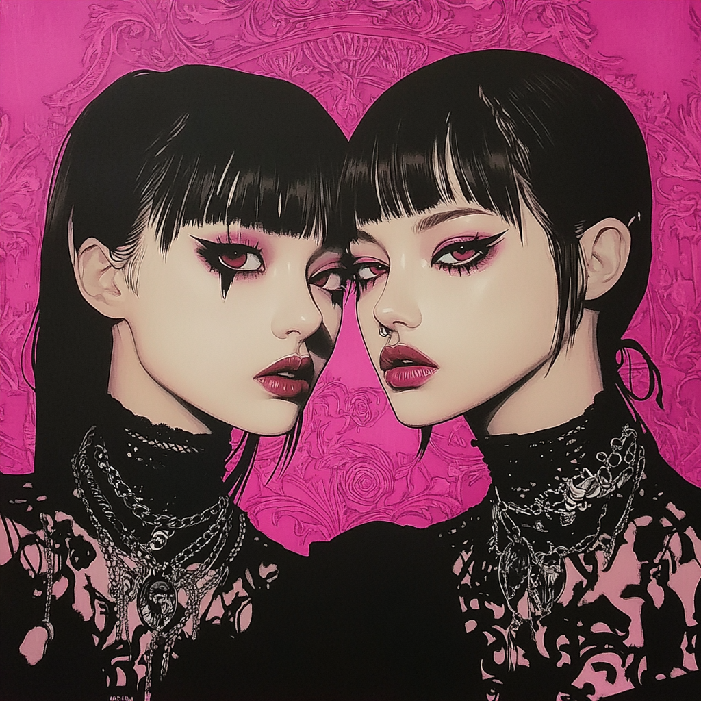 Two women with one eye, goth jewelry, pink background.