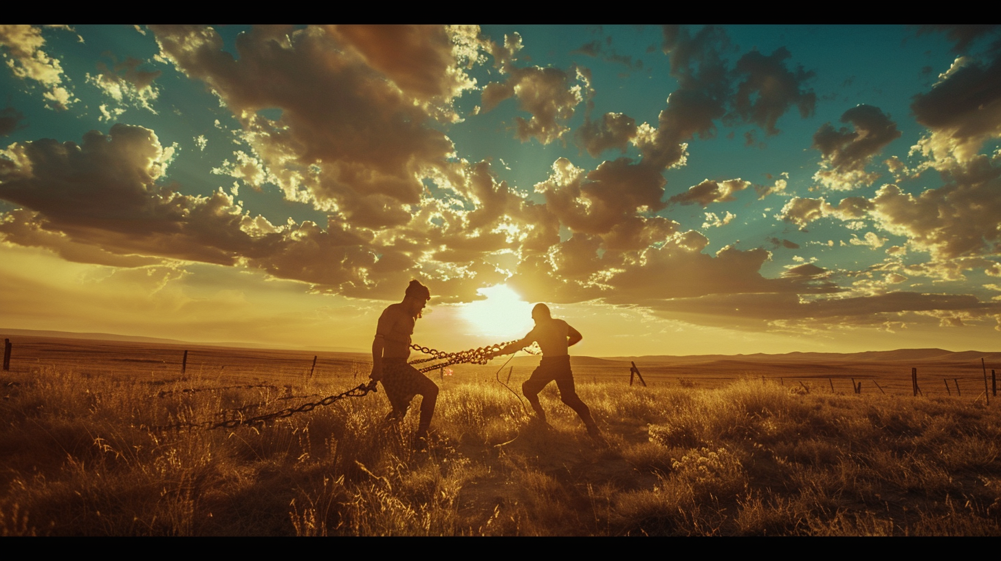 Two wrestlers fight in golden steppe at sunset.