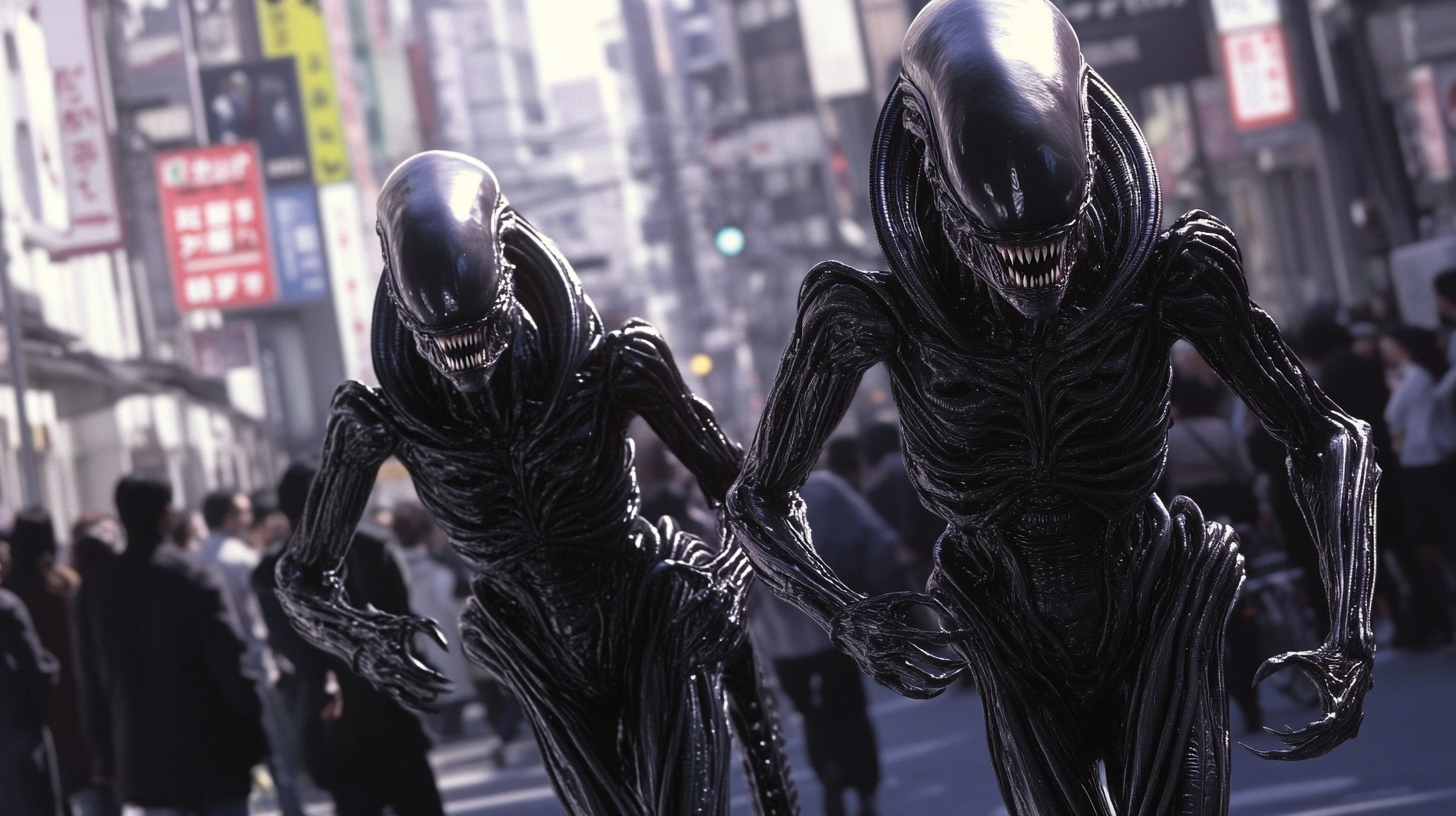 Two xenomorphs in Tokyo, ready to strike unsuspecting humans.