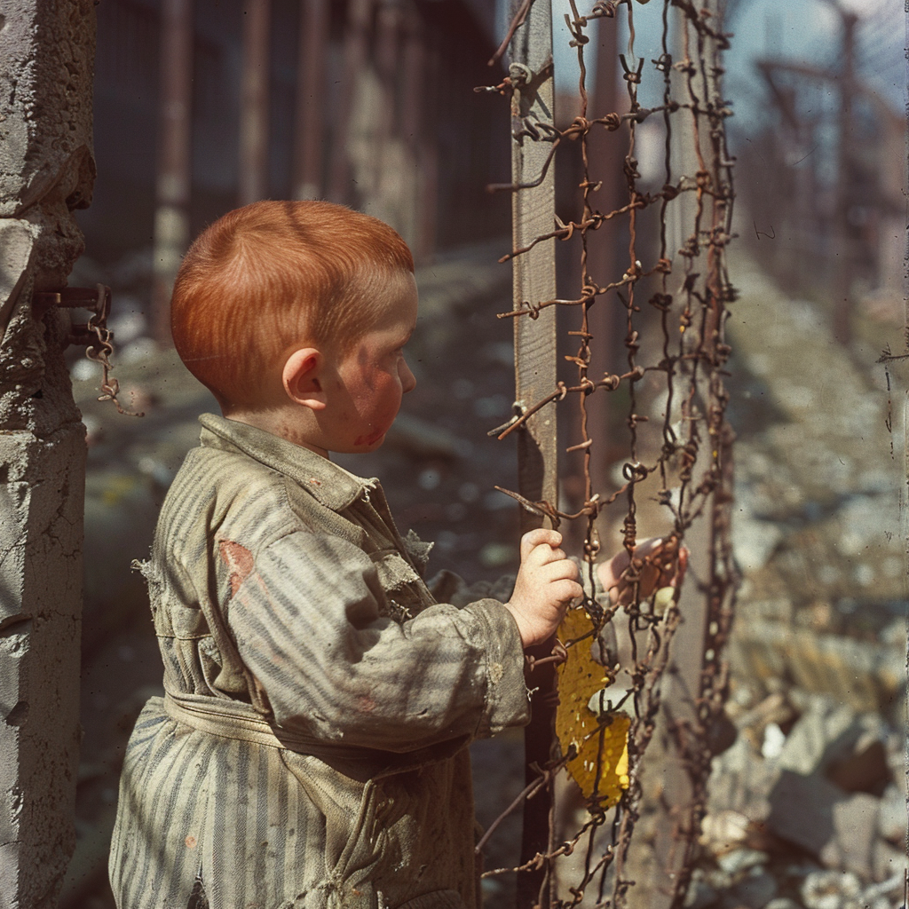 Two-year-old boy with red hair stands by fence.